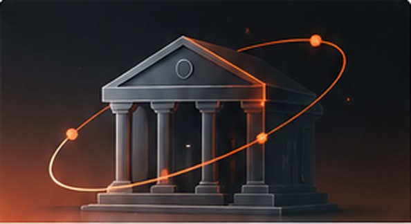 Classical bank building with orange orbital ring