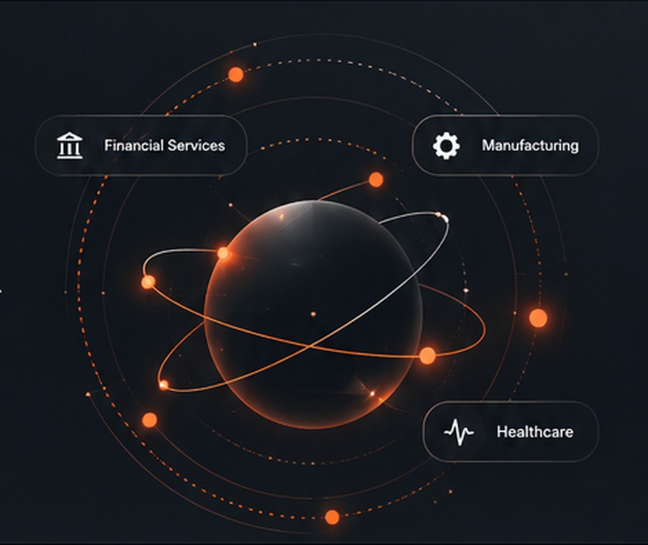 AI globe with orbital rings and Financial Services, Manufacturing and Healthcare labels